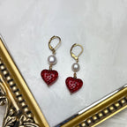 Red Heart and Pearl Earrings